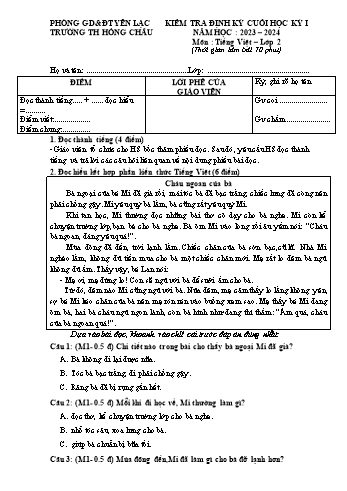Đề kiểm tra định kỳ cuối học kỳ I môn Tiếng Việt Lớp 2 - Năm học 2023-2024 - Trường Tiểu học Hồng Châu