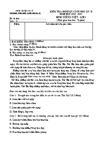 Đề kiểm tra định kỳ cuối học kỳ II môn Tiếng Việt Lớp 2 - Năm học 2022-2023 - Trường Tiểu học TNNC Bò Ba Vì (Có đáp án)