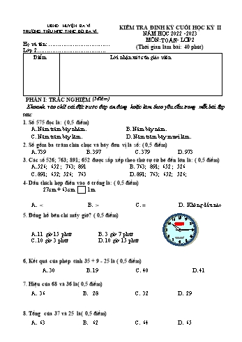 Đề kiểm tra định kỳ cuối học kỳ II môn Toán Lớp 2 - Năm học 2022-2023 - Trường Tiểu học TNNC Bò Ba Vì (Có đáp án)