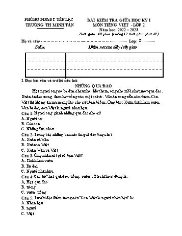 Đề kiểm tra giữa kì I môn Tiếng Việt Lớp 2 - Năm học 2022-2023 - Trường Tiểu học Minh Tân (Có đáp án)