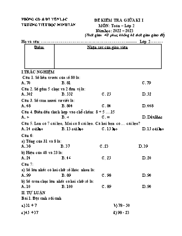 Đề kiểm tra giữa kì I môn Toán Lớp 2 - Năm học 2022-2023 - Trường Tiểu học Minh Tân (Có đáp án)