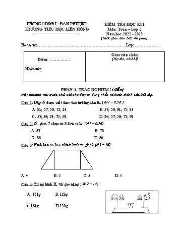 Đề kiểm tra học kì I môn Toán Lớp 2 - Năm học 2022-2023 - Trường Tiểu học Liên Hồng (Có đáp án)