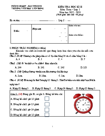 Đề kiểm tra học kì II môn Toán Lớp 2 - Năm học 2022-2023 - Trường Tiểu học Liên Hồng (Có đáp án)