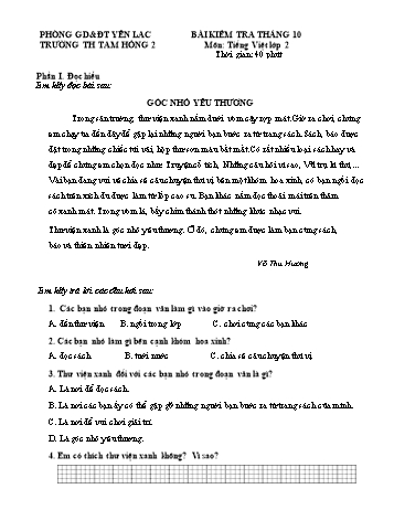 Đề kiểm tra tháng 10 môn Tiếng Việt Lớp 2 (Kết nối tri thức và cuộc sống) - Trường Tiểu học Tam Hồng 2