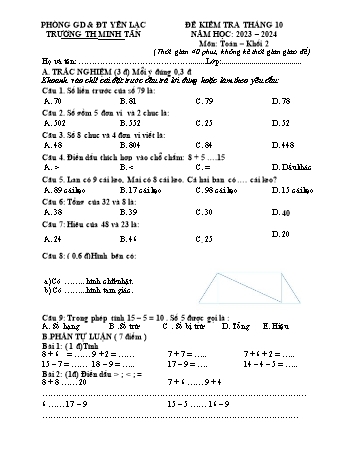 Đề kiểm tra tháng 10 môn Toán Khối 2 - Năm học 2023-2024 - Trường Tiểu học Minh Tân
