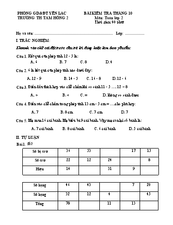 Đề kiểm tra tháng 10 môn Toán Lớp 2 (Kết nối tri thức và cuộc sống) - Trường Tiểu học Tam Hồng 2