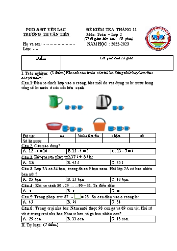 Đề kiểm tra tháng 11 môn Toán Lớp 2 (Kết nối tri thức và cuộc sống) - Năm học 2022-2023 - Trường Tiểu học Văn Tiến (Có đáp án)