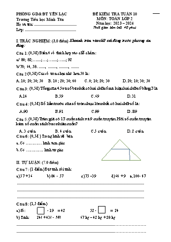 Đề kiểm tra tuần 10 môn Toán Lớp 2 - Năm học 2023-2024 - Trường Tiểu học Minh Tân