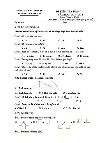 Đề kiểm tra tuần 7 môn Toán Khối 2 - Năm học 2023-2024 - Trường Tiểu học Minh Tân