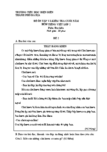 Đề ôn tập và kiểm tra cuối năm môn Tiếng Việt Lớp 2 (Đọc hiểu) - Năm học 2022-2023 - Trường Tiểu học Điện Biên - Đề 2