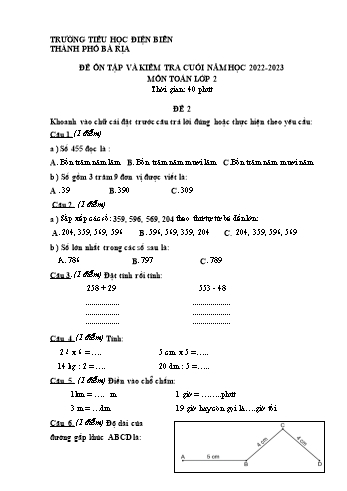 Đề ôn tập và kiểm tra cuối năm môn Toán Lớp 2 - Năm học 2022-2023 - Trường Tiểu học Điện Biên - Đề 2