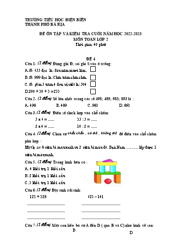 Đề ôn tập và kiểm tra cuối năm môn Toán Lớp 2 - Năm học 2022-2023 - Trường Tiểu học Điện Biên - Đề 4