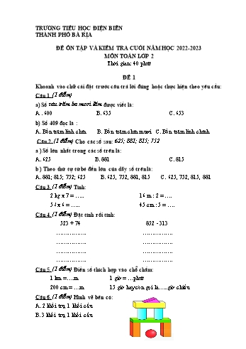 Đề ôn tập và kiểm tra cuối năm môn Toán Lớp 2 - Năm học 2022-2023 - Trường Tiểu học Điện Biên - Đề 1