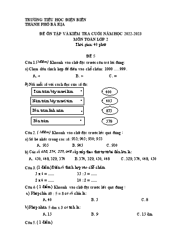 Đề ôn tập và kiểm tra cuối năm môn Toán Lớp 2 - Năm học 2022-2023 - Trường Tiểu học Điện Biên - Đề 5