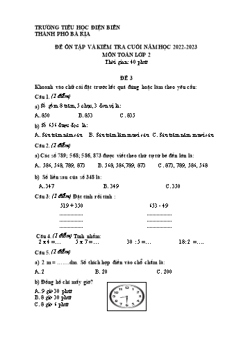 Đề ôn tập và kiểm tra cuối năm môn Toán Lớp 2 - Năm học 2022-2023 - Trường Tiểu học Điện Biên - Đề 3